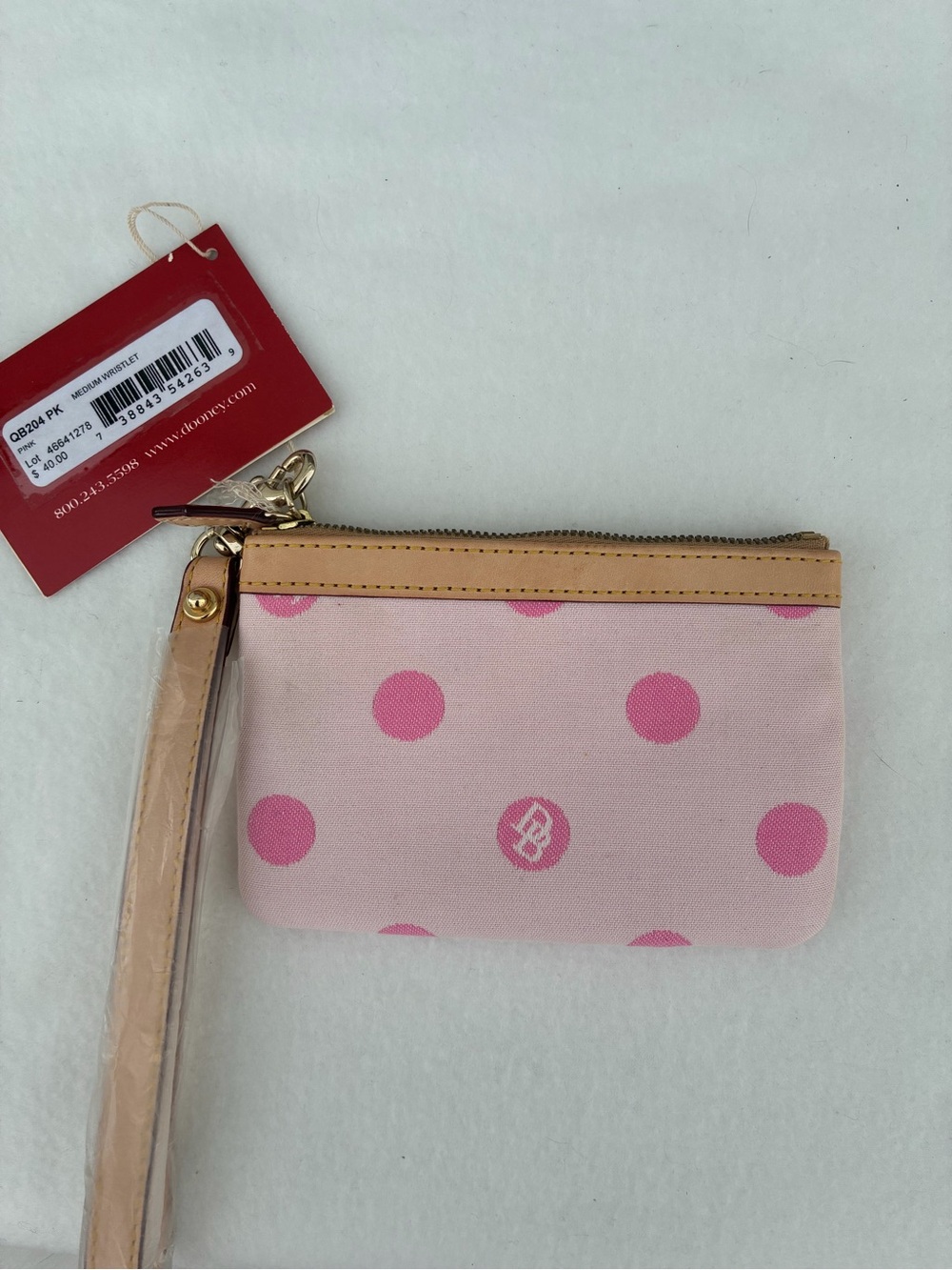 Dooney & Bourke Pink and Tan Polka Dot Zip Pouch Wristlet